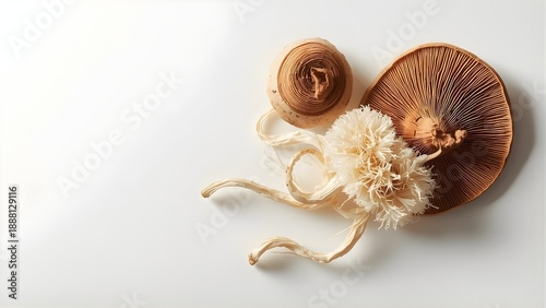 Whole dried reishi lion mane functional mushrooms on white