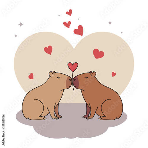 Minimalist Line Art Two Capybaras with Heart for Valentine's Day
