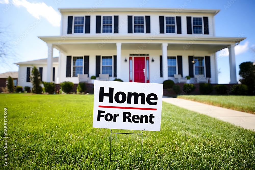 Fototapeta premium Large House for Rent Sign in Front Yard Suburban Home
