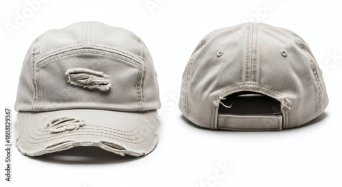 Distressed beige baseball cap with frayed details