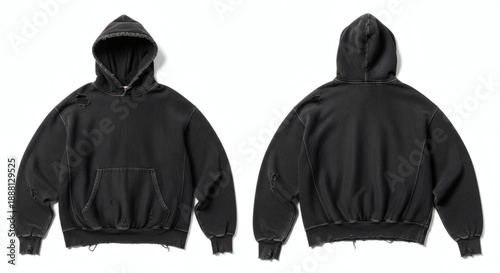 Distressed black hoodie with frayed edges and pockets