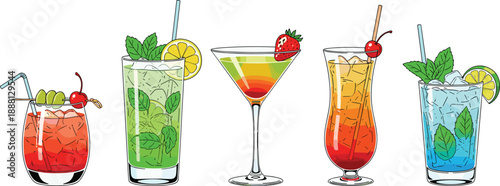 Colorful cocktails with straws and garnishes drinks beverages glasses