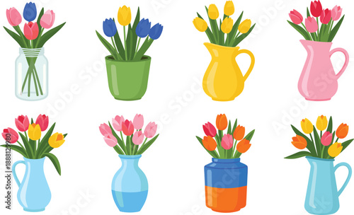 Colorful tulips in various vases and pots flowers