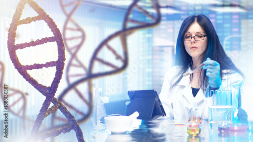 Canvas Print Biotechnology research, genetic analysis and laboratory testing as a scientist conducts DNA experiments using digital tools and chemical samples in a modern lab