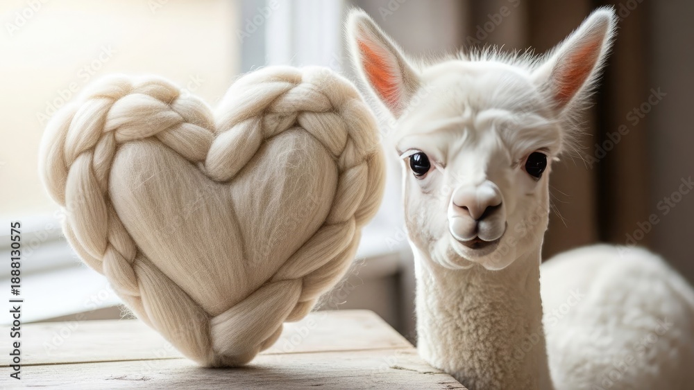 Obraz premium White Alpaca and Knitted Wool Heart llama fluffy