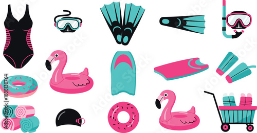 Pink and teal beach accessories and swimwear swimsuit snorkel mask flippers