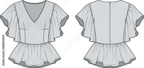 Women Grey Peplum Top with Flutter Ruffle Sleeves, Technical CAD Drawing Front and Back View, Fashion Apparel Template Vector Illustration