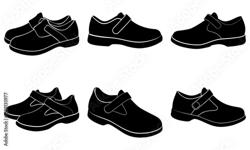 Six Black Velcro Shoes Silhouettes on White Background footwear