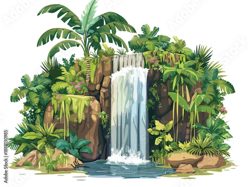 white background, Enchanting waterfall surrounded by lush vegetation - isolate on a waterfall background., drawings in pencil easy, very simple and isolate in the style of animated illustrations