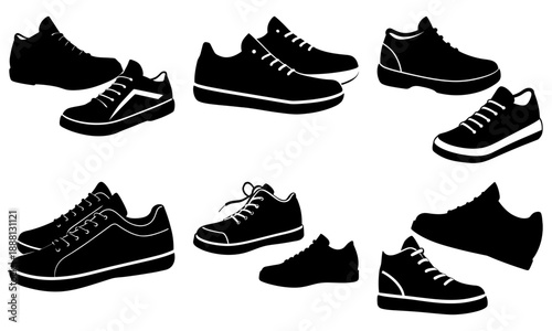 Collection of black and white sneaker silhouettes on transparent background sneakers shoes