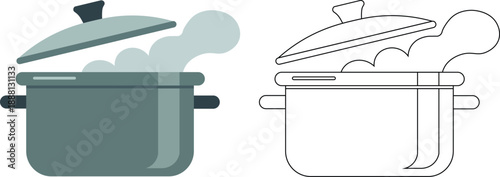 Cooking Pot with Steam Icon in Solid and Outline Style Vector Illustration for Kitchen Cookware and Food Preparation Concept