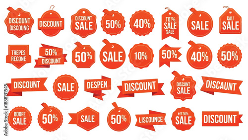 Numerous vibrant red sale and discount tags are scattered displaying various percentages off retail prices