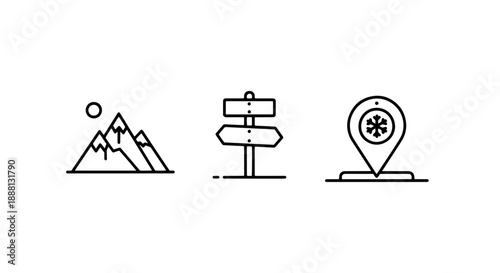 Set of three winter icons: a mountain range with sun, a directional signpost, and a location pin with a snowflake, representing travel, adventure, and destination.