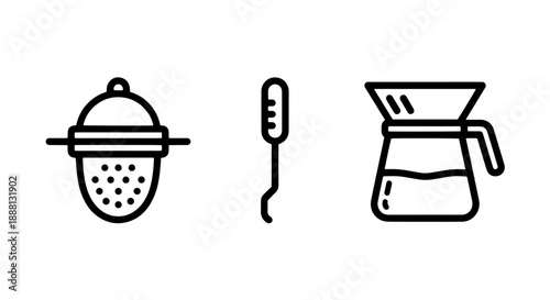 Tea and coffee brewing icons: strainer, stirrer, and French press carafe for hot drinks preparation.