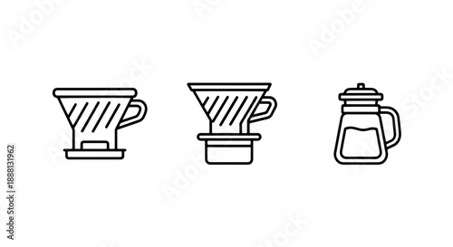 Set of three minimalist black and white line icons representing coffee brewing equipment: pour-over dripper and carafe.