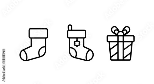 A trio of simple black and white line icons featuring Christmas elements: two festive socks and a gift box.