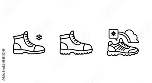 Icons showcasing different types of footwear: sturdy winter boots, casual boots, and athletic sneakers with cloud and snowflake symbols