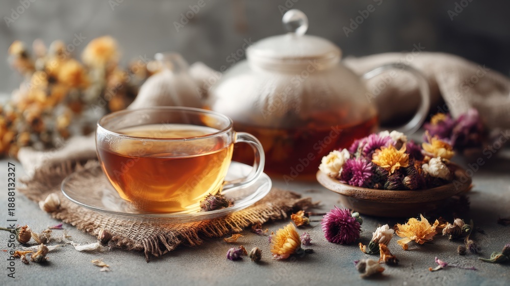 Fototapeta premium Herbal tea in glass cup and teapot with dried flowers on rustic table.
