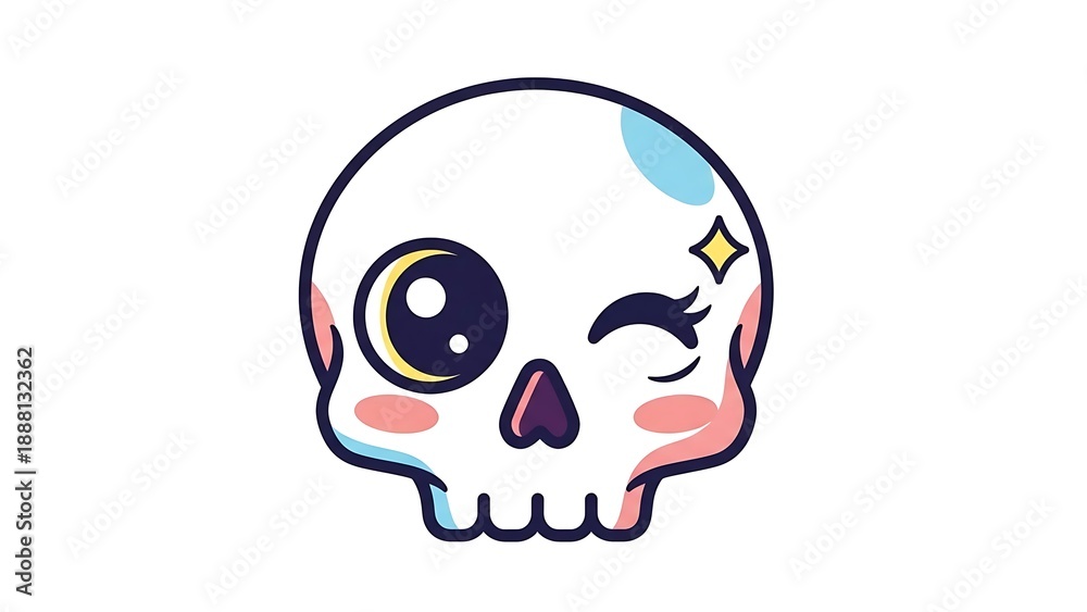 Fototapeta premium Cartoon Skull with Winking Eye and Blush.