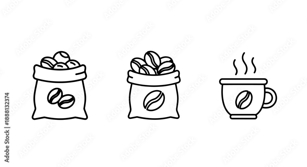 Fototapeta premium Minimalist Coffee Icons Set with Steaming Hot Beverage in a Mug and Bags of Fresh Roasted Beans, Perfect for Cafe Menus and Drink Concepts