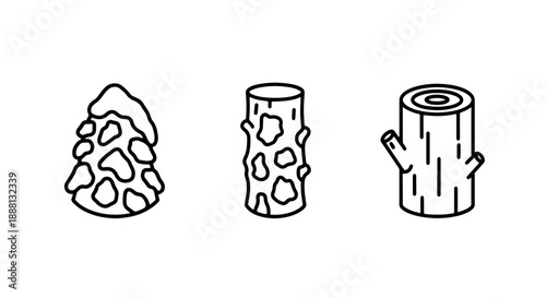 Pile of snow-covered rocks and logs of wood, representing winter resources, fuel, and natural elements, simple outline illustration.