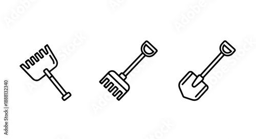 Gardening tools for winter or spring: rake and shovel icons, indicating soil work, outdoor maintenance, and seasonal change, line art.
