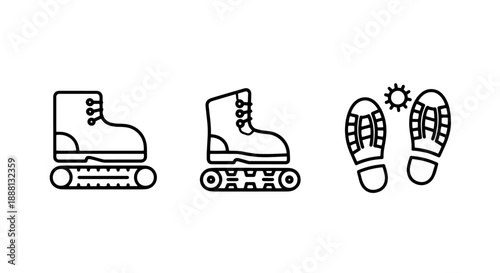 Winter boots and footprints icons, symbolizing hiking, exploration, and outdoor adventures in cold weather conditions, outline illustration.