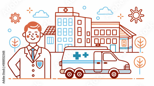 Vector illustration of a medical clinic with a doctor and an ambulance. Concept - healthcare, medical services, clinic and emergency care