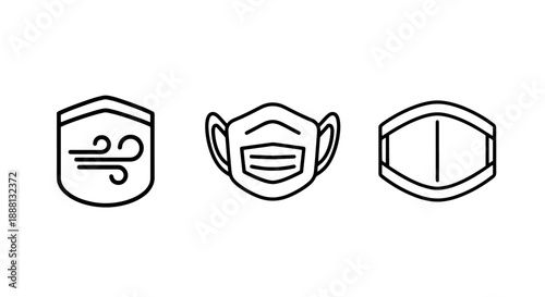 Icons for air quality and protection: air flow symbol, face mask, and a generic mask shape, representing health, pollution, and safety.