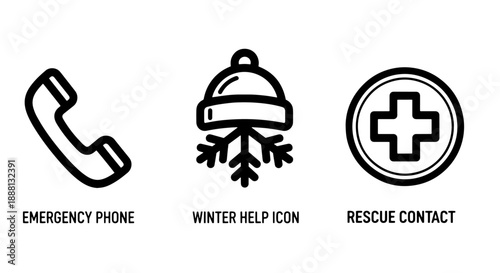 Essential Emergency and Winter Help Service Icons Featuring a Classic Phone, Snowy Hat, and Medical Cross for Support and Safety