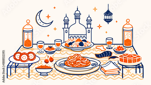 Traditional Ramadan Iftar Food Set with Dates, Arabic Cuisine Dishes and Sweets on Table Illustration
