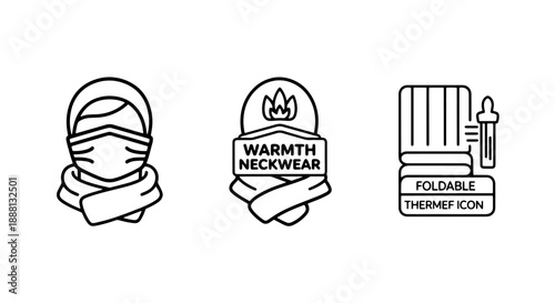 Essential Black and White Line Art Icons for Winter Warmth, Featuring Neckwear, Scarves, and Thermal Protection Gear