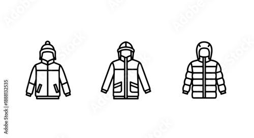 Essential Black and White Line Art Icons of Warm Winter Jackets and Coats, Perfect for Cold Weather Apparel and Outdoors