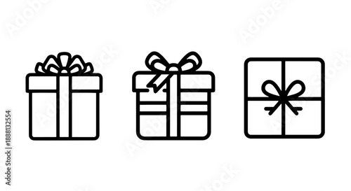 Charming Black and White Line Art Icons of Festive Gift Boxes with Bows, Ideal for Celebrations and Special Occasions