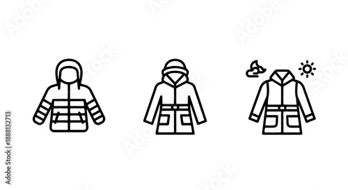 Versatile Winter Jackets and Outerwear Outline Icons for Cold, Snowy, or Mixed Weather Conditions