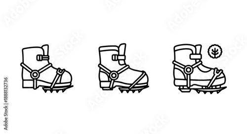 Rugged Winter Mountaineering Boots with Crampons Outline Icons for Ice Climbing and Trekking
