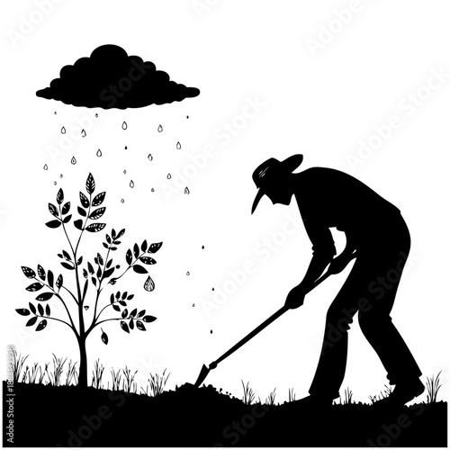 Farmer tending to young tree