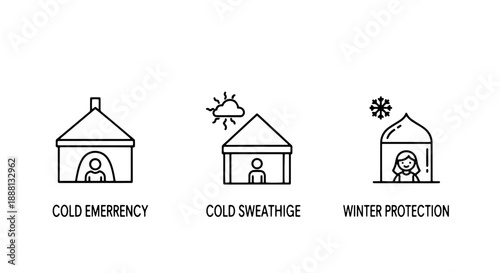 Winter Home Protection Icons: Houses with Cold Weather, Snow, and Seasonal Shelter Concepts