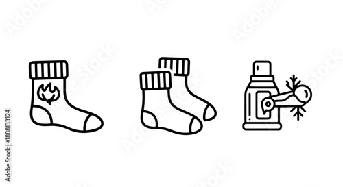 Cozy Winter Apparel and Thermos Icons: Warm Socks and Hot Drink Container for Cold Weather