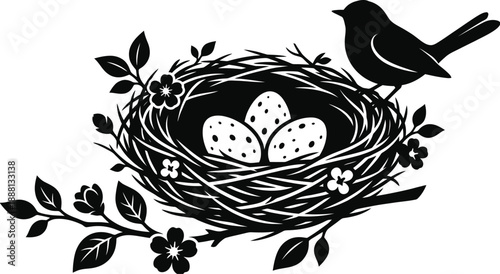 Bird nest with blue eggs on spring branch illustration