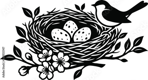 Bird nest with blue eggs on spring branch illustration