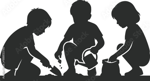Children planting seeds in a sunny garden vector illustration