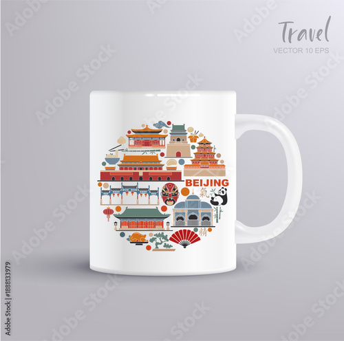 White ceramic mug mockup with Beijing landmarks and traditional Chinese cultural symbols. Vector travel illustration for souvenirs print on demand products tourism branding and city themed merchandise