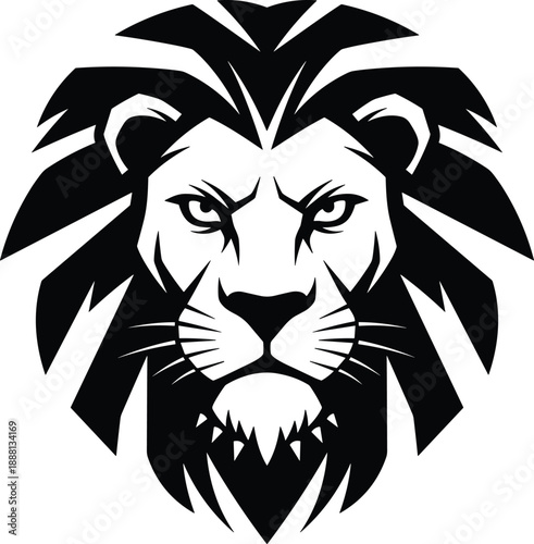 Stylized black lion head logo vector illustration, fierce symmetrical big cat mascot icon for branding, tattoo, emblem design