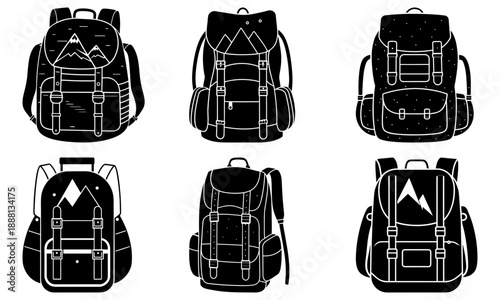 Six Different Backpacks with Mountain on White Background silhouette black
