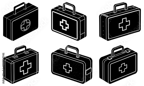 Six black medical first aid kits with white cross symbols on white background medical kit healthcare