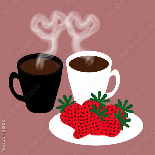 Black and White Coffee Cups with Strawberries on Plate