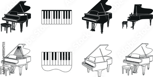 Grand Piano and Keyboard Vector Illustration Set Featuring Black Silhouette and Detailed Line Art Outline Drawings for Music Performance and Education
