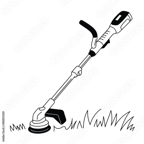 Black and white line drawing of a cordless string trimmer or weed eater