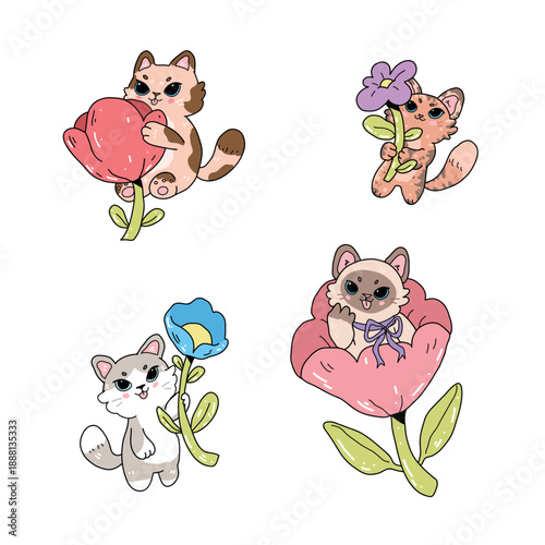 A set of vector decorative stickers depicting cute cats sitting on flowers and holding buds. An unusual, funny illustration with a cozy aesthetic on a white background.
